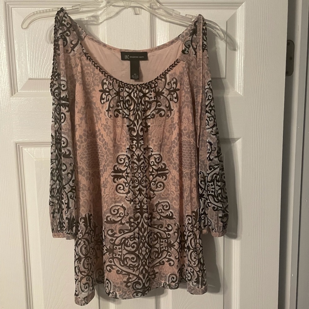INC cold shoulder medallion print blouse